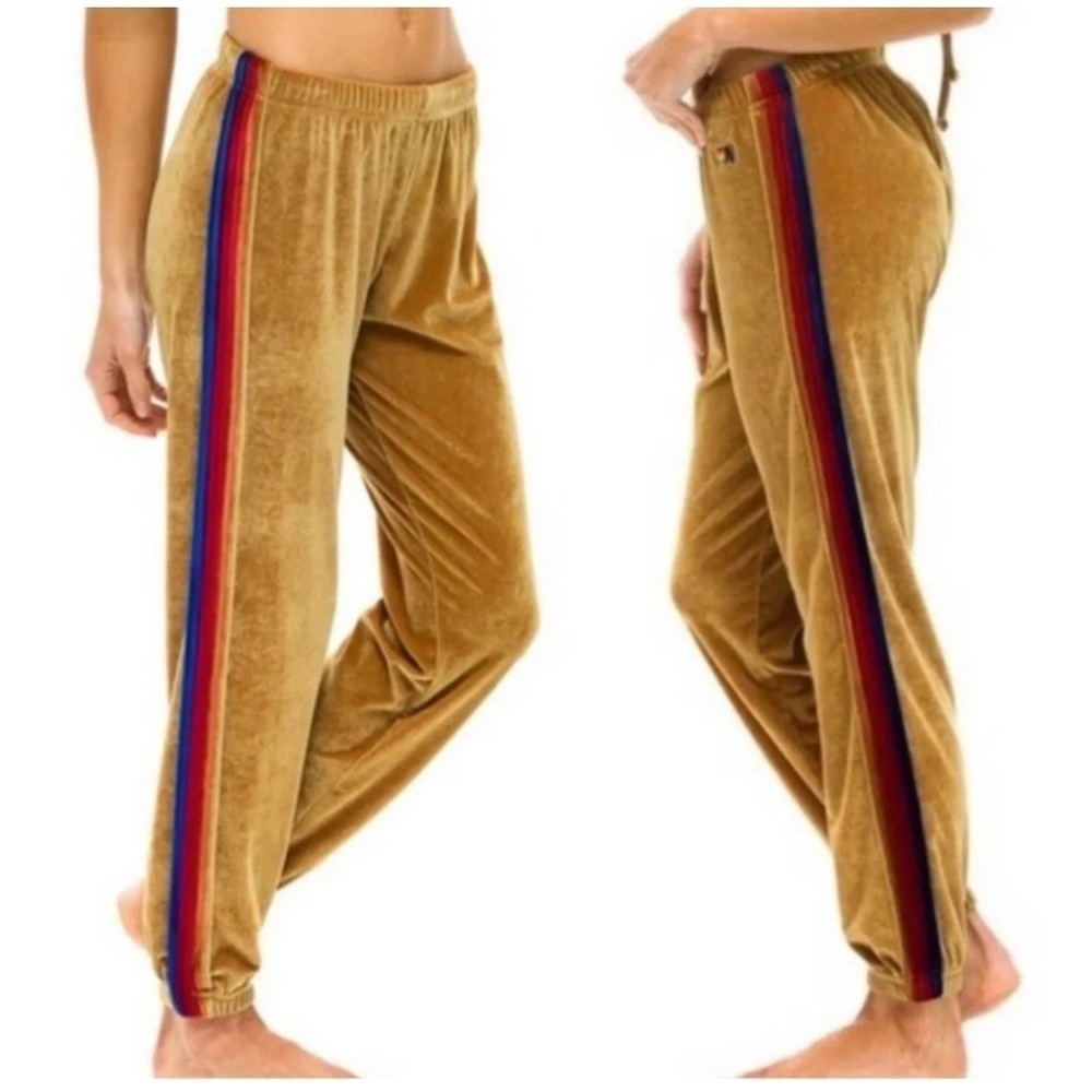Aviator Nation Velvet Velour Joggers Women XS Gold Rainbow 5 Stripe Sweatpants
